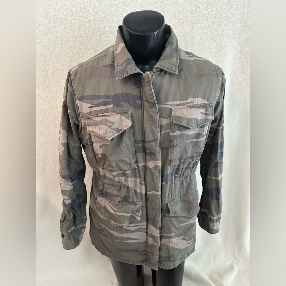 Rails Whitaker Camo Jacket Women's Large Linen Blend Field Grunge Faux Fur Cinch